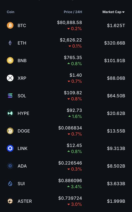 A cryptocurrency market overview lists coins including BTC ($80,888.58), ETH ($2,626.22), BNB ($765.35), XRP, SOL, HYPE, DOGE, LINK, ADA, SUI, and ASTER with their prices and market caps.