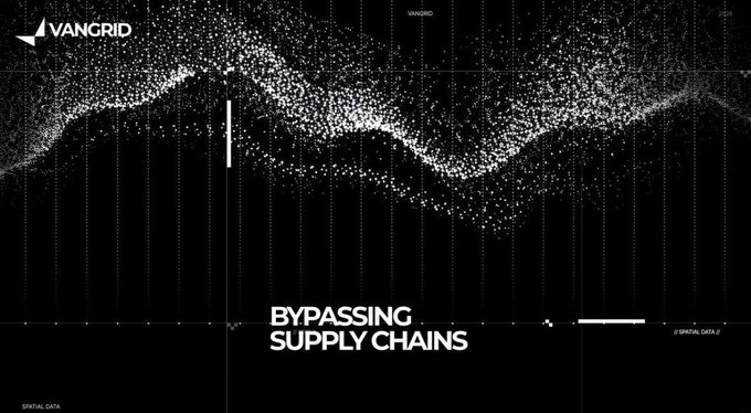 A black graphic design for Vangrid featuring a wave-like data visualization pattern and the text 'BYPASSING SUPPLY CHAINS'.
