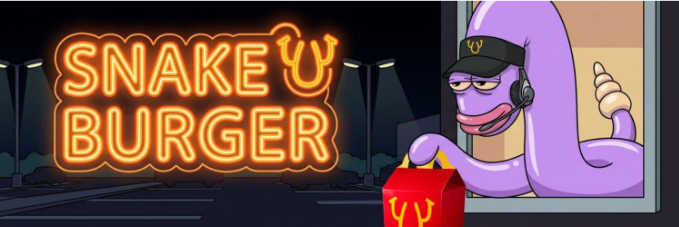 A banner for 'SNAKE BURGER' featuring neon orange text and a purple snake character wearing a cap and headphones, holding a red box with fries.