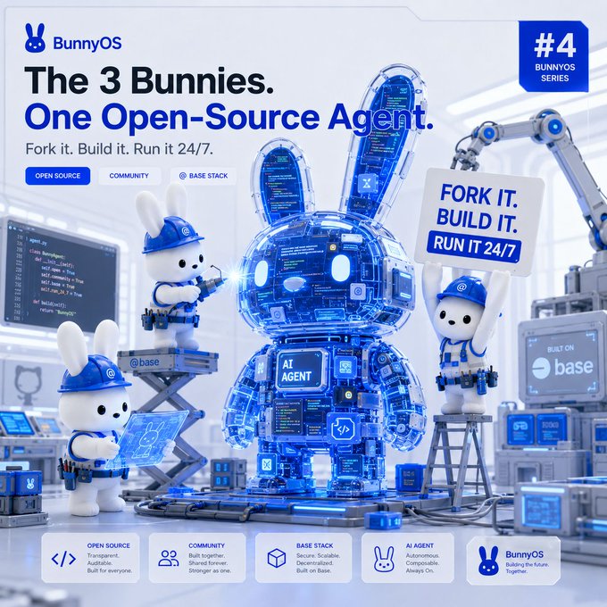 The image features a cartoon bunny figurine with blue parts, surrounded by other cartoon bunnies. The scene takes place in an office setting where the bunnies are working together on a project. There are two people standing next to the bunny figurines, and another person is sitting at a desk nearby. A computer monitor can be seen in the background, indicating that they might be using it for their work.

The image also includes text elements related to the BunnyOS project. The title "BunnyOS" is displayed prominently on the image, along with the phrase "The 3 bunnies." This suggests that the bunny figurines are part of a larger project or initiative involving multiple bunnies working together in an office environment.