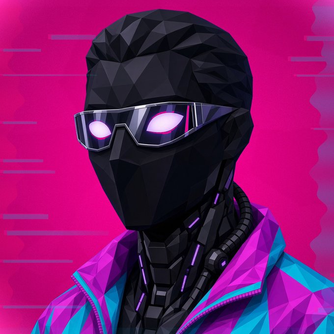 Low-poly digital illustration of a faceless robotic figure wearing glowing sunglasses and a vibrant pink and blue jacket against a bright pink background.