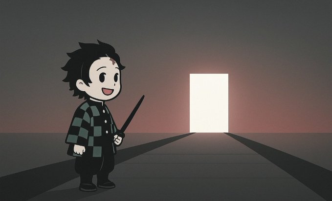 A cartoon-style drawing of a chibi character with black hair and a scar, wearing a green and black checkered coat, holding a sword, and smiling at a glowing white doorway.