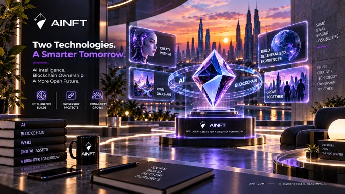 An AINFT (Intelligent Assets for a Brighter Tomorrow) promotional banner showcasing AI and blockchain technology with a futuristic cityscape, featuring the Ethereum logo and messaging about 'Two Technologies. A Smarter Tomorrow.'