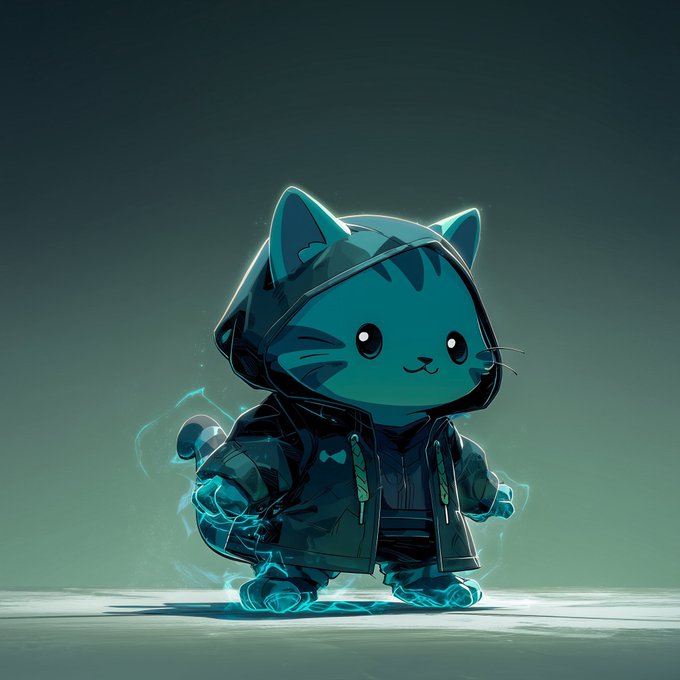 ildshade, a cartoon cat with blue fur and green eyes, stands on a gray surface, wearing a black hoodie and holding a lightning bolt.