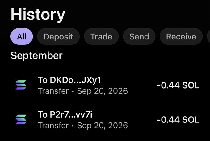 A Solana wallet history showing two outgoing transfers of -0.44 SOL each on Sep 20, 2026, likely displaying the prize payouts sent to the winners (@goinginwrld1 and another recipient) of the $100 contest mentioned in the post.