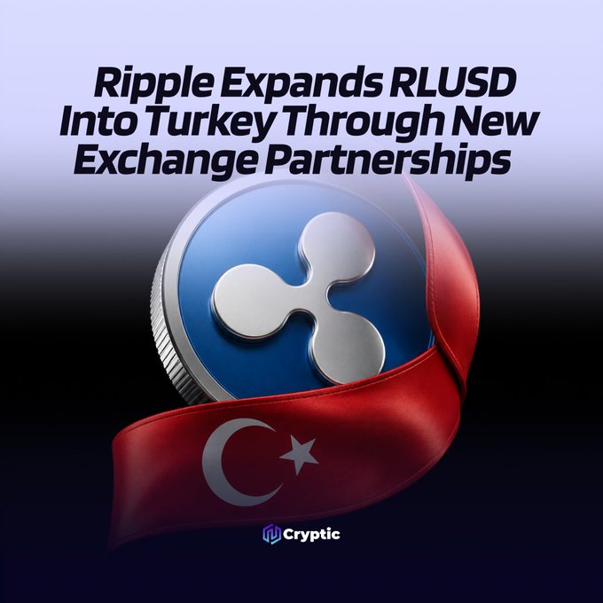 The image features an advertisement for Ripple that promotes their partnership with Turkish cryptocurrency exchange platforms. The text in the image reads "Ripple expandsRLUD into Turkey through new exchange partnerships". This suggests that Ripple is expanding its reach into the Turkish market, collaborating with local exchanges to facilitate the exchange of cryptocurrencies likeRLUD.