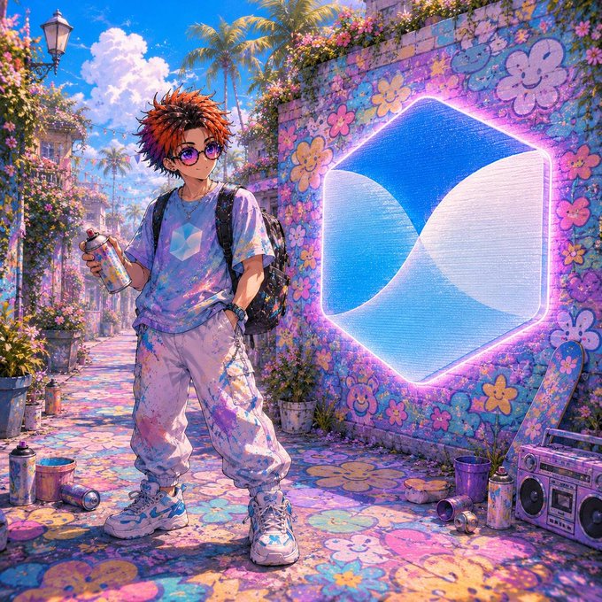 Vibrant anime-style artwork of a boy with red hair holding a spray can next to a large glowing blue geometric mural on a flower-covered wall, with paint supplies and a boombox scattered around.