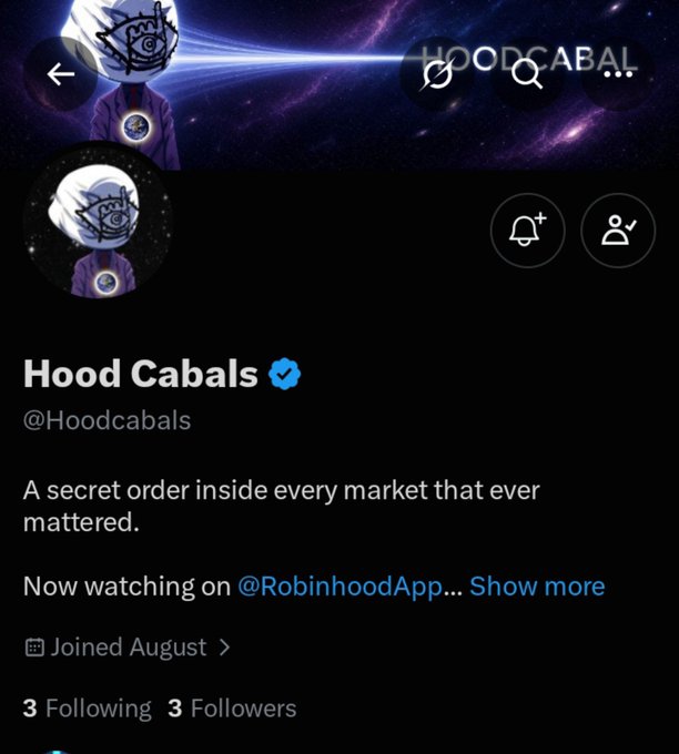 A Twitter/X profile for "Hood Cabals" (@Hoodcabals), a verified account with bio reading "A secret order inside every market that ever mattered," joined in August, with 3 Following and 3 Followers.