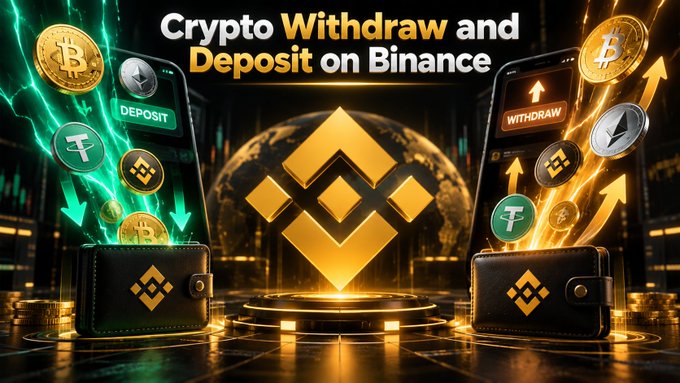 A promotional banner titled 'Crypto Withdraw and Deposit on Binance' featuring the Binance logo, Bitcoin, Ethereum, and Tether coins, with two phones displaying 'DEPOSIT' and 'WITHDRAW' options.