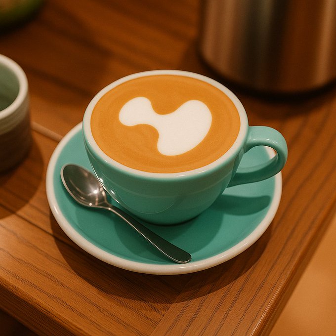 A turquoise blue coffee cup filled with a latte featuring abstract white foam art sits on a matching saucer with a spoon on a wooden table.