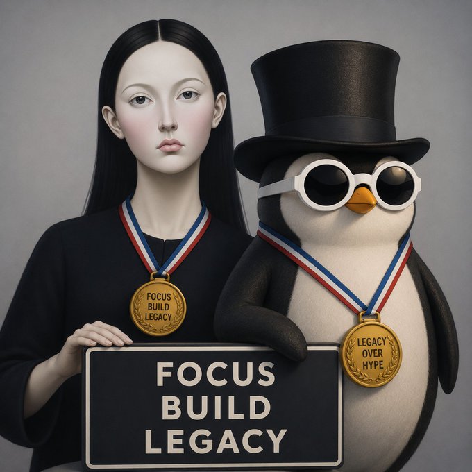 An artistic image features a pale woman and a top-hatted penguin wearing round sunglasses, both holding a sign reading 'FOCUS BUILD LEGACY' and wearing medals.