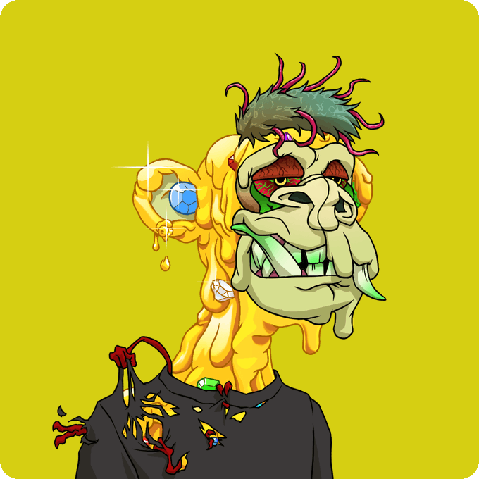 A cartoon zombie with a melting, oozing face, exposed brain, and tattered clothing clutches a glowing blue Ethereum gem against a bright yellow background. The grotesque, melting figure visually represents the post's warning that "you're not bullish enough" on ETH following the large sale, embodying the crypto community's pessimistic or decaying sentiment toward the asset.