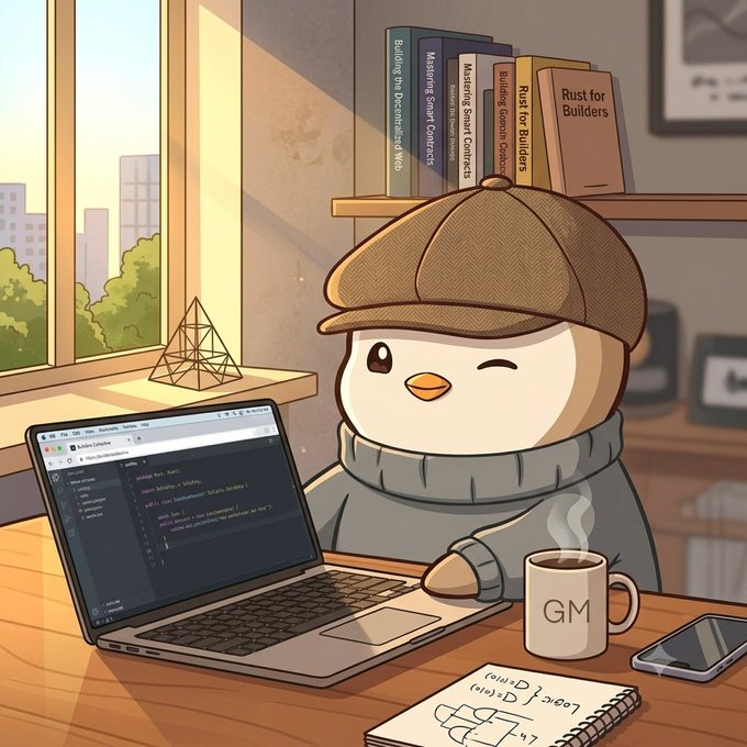 A cartoon illustration of a penguin detective wearing a deerstalker hat and gray sweater, coding on a laptop at a desk with books titled "Mastering Smart Smart Contracts," "Building Decentralized Web," "Rust for Builders," and a "GM" coffee mug.