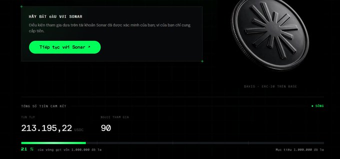 A Vietnamese cryptocurrency page for 'SONAR' showing a token balance of 213,195.22 USDC with a target of 1,000,000, currently at 21% completion, alongside a 3D rendered black coin with a sunburst logo.