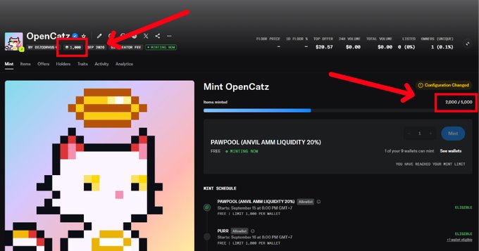 The image displays a screenshot of an OpenCatz NFT minting dashboard, highlighting a discrepancy where the user attempted to mint 1,000 items (20%) for PawPool (Anvil AMM Liquidity) at a 0.0001 ETH price, but the configuration changed, resulting in 2,000 out of 5,000 items being minted—aligning with the user's complaint about OpenSea displaying an unexpected total supply of 2,000 items instead of the intended 1,000.