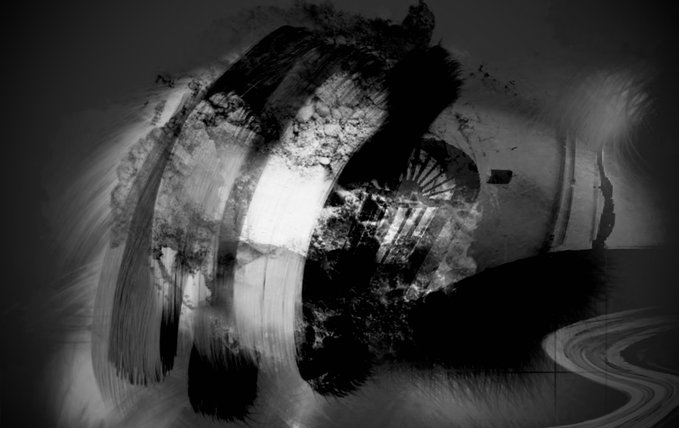 An abstract black and white digital artwork featuring sweeping brushstrokes, grungy textures, and circular forms creating a chaotic yet structured composition.
