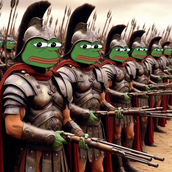 AI-generated image of a line of Spartan-style warriors with Pepe the Frog faces, wearing bronze armor, red capes, plumed helmets, and holding spears.