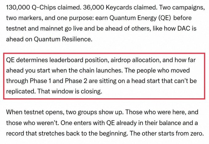 A text excerpt discusses a cryptocurrency airdrop campaign, highlighting a paragraph about Quantum Energy (QE) determining leaderboard position and airdrop allocation, noting 130,000 Q-Chips and 36,000 Keycards claimed.