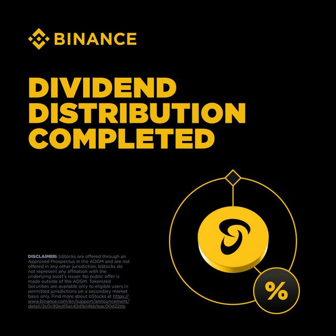 The image is a Binance announcement with bold yellow text on a black background declaring "DIVIDEND DISTRIBUTION COMPLETED," accompanied by a gold coin graphic and the Binance logo, visually reinforcing the accompanying post about completed dividend distributions for ProShares UltraPro QQQ bStocks (TQQQB) at $0.15 USD per share.
