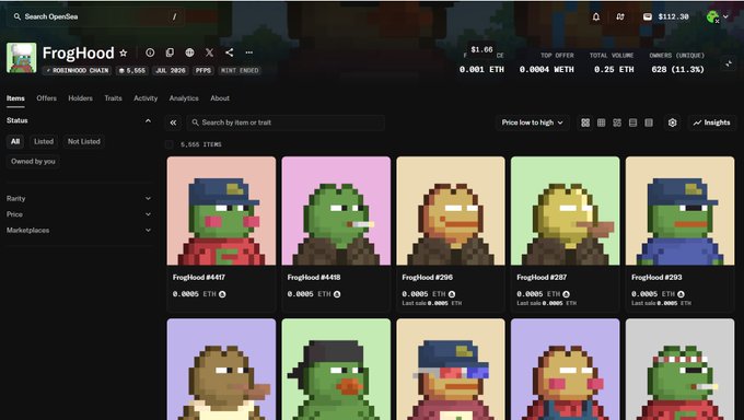 Screenshot of the OpenSea NFT marketplace showing the FrogHood collection on the WormHood Chain, with pixel-art frog avatars and a floor price of 0.0005 ETH.