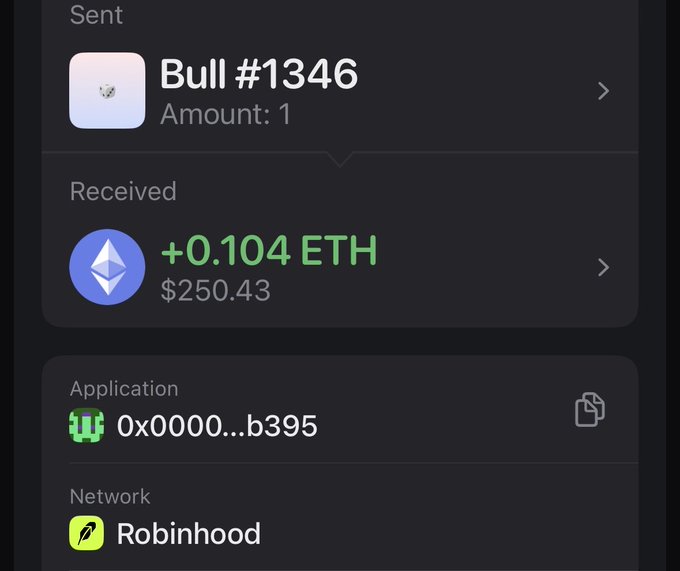 A screenshot of a crypto transaction showing a sent NFT "Bull #1346" (Amount: 1) and a received payment of +0.104 ETH ($250.43), executed via contract 0x0000...b395 on the Robinhood network. The image appears to illustrate an NFT trade, complementing the post's promotion of alpha groups and channels that provide access to NFT projects across various chains.