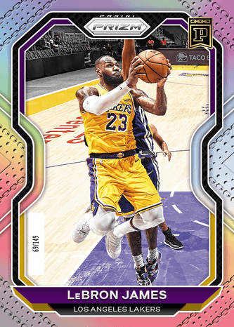 A 2021 Panini Prizm basketball trading card featuring LeBron James (#23) of the Los Angeles Lakers in a yellow jersey going up for a shot, numbered 07/149.
