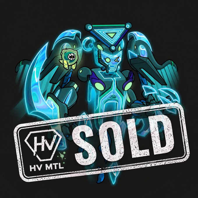 A digital illustration of a blue and purple cybernetic figure with a 'HV MTL SOLD' stamp overlay.
