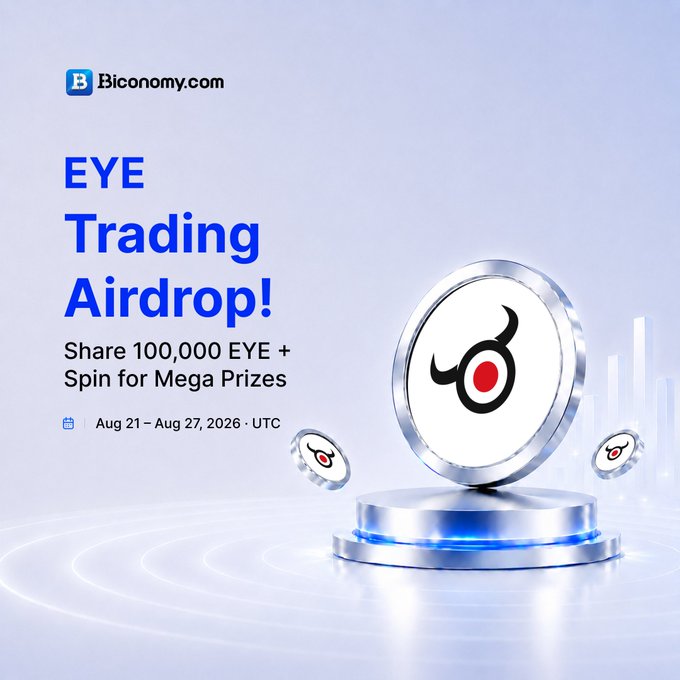 A promotional graphic for 'Biconomy.com' advertising an 'EYE Trading Airdrop!' offering to 'Share 100,000 EYE + Spin for Mega Prizes' running from 'Aug 21 - Aug 27, 2026 · UTC', featuring 3D-rendered tokens with a stylized eye logo.