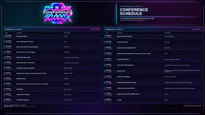 Pulse Conference 10,000X conference schedule showing sessions from 12:00 PM to 8:00 PM in Eastern & Pacific Time, streamed live on X Space TV