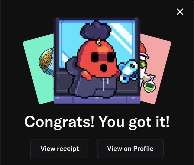 A pixel-art pop-up displays a hooded red figure holding a blue ghost creature alongside "Congrats! You got it!" text with options to "View receipt" or "View on Profile." The image appears to be a screenshot from GhostLabNFT confirming receipt of a Ghost NFT, likely posted as a birthday gift for @lordeco.