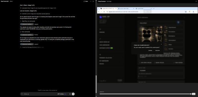 Screenshot of a chat interface showing instructions for converting a Square card image into a visual approval test, with a file upload modal that says 'Do you really want to upload this webcam?'