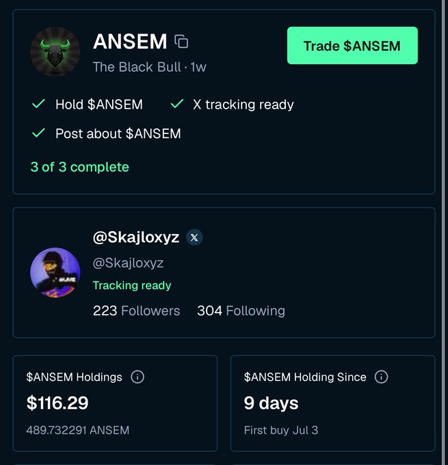 A dark-themed cryptocurrency dashboard displays an $ANSEM token profile titled 'The Black Bull · 1w' with a 'Trade $ANSEM' button, showing completed tracking tasks (Hold $ANSEM, X tracking ready, Post about $ANSEM) and user @Skajloxyz's holdings of $116.29 (489.732291 ANSEM) held for 9 days since first buy July 3.