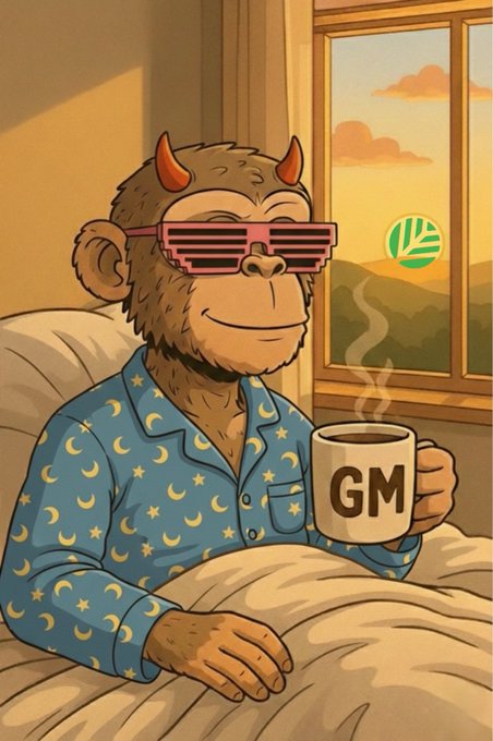A cartoon illustration of a horned monkey wearing pink shutter shades and blue pajamas with moon and star patterns, sitting in bed holding a 'GM' mug with a steaming cup graphic visible in the background.