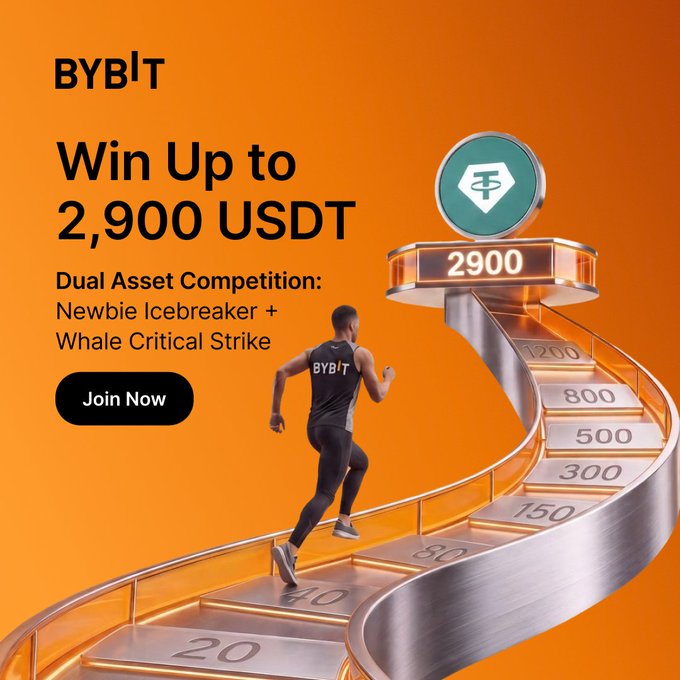 A runner in BYBIT gear ascends a metallic staircase displaying ascending USDT rewards (20 to 2,900) toward a trophy, promoting the Dual Asset Trading Competition with the headline "Win Up to 2,900 USDT" and a "Join Now" call-to-action.