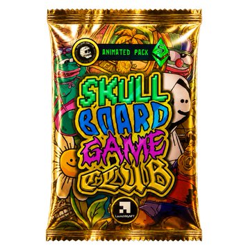A gold-colored packaging for a cartoon board game called "Skull Board Game Club". The package features several items related to the video game, including a skull and a flower. The text on the packaging states that this is an Animated Pack (packages) and that there's a special price for Homies holders. The post also mentions the release date of a new album by @launchmynft called "Skull Board Game Club".