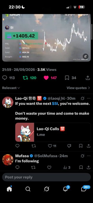 A screenshot of a social media feed showing a trading post with a gain of '+1405.42' and comments from users including 'Lao-Qi' and 'Mufasa'.