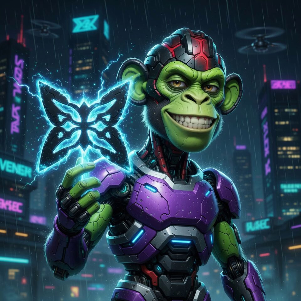 The image features a cartoon monkey wearing a purple suit and holding a butterfly-shaped object. The monkey appears to be smiling and posing for the camera. The background of the image shows buildings with neon lights, suggesting that this scene takes place in an urban setting or a city at night.
