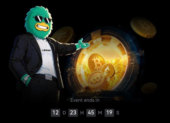 The image features LBank's green duck mascot wearing sunglasses and a blazer, gesturing toward a glowing vault filled with Bitcoin and cryptocurrency coins, with a countdown timer showing 12D 23H 45M 19S for an event ending soon. The visual ties directly to the post's mention of LBank's new reward program, reinforcing the urgency of the KYC events offering $100 vouchers before the event concludes.