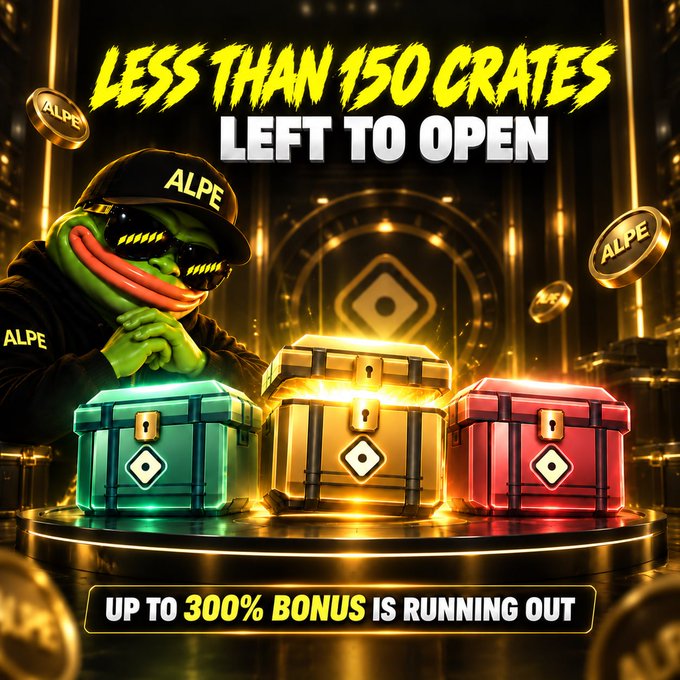 A promotional crypto advertisement featuring a Pepe frog character wearing an 'ALPE' cap and sunglasses, with text reading 'LESS THAN 150 CRATES LEFT TO OPEN' and 'UP TO 300% BONUS IS RUNNING OUT' above glowing teal, gold, and red chests.