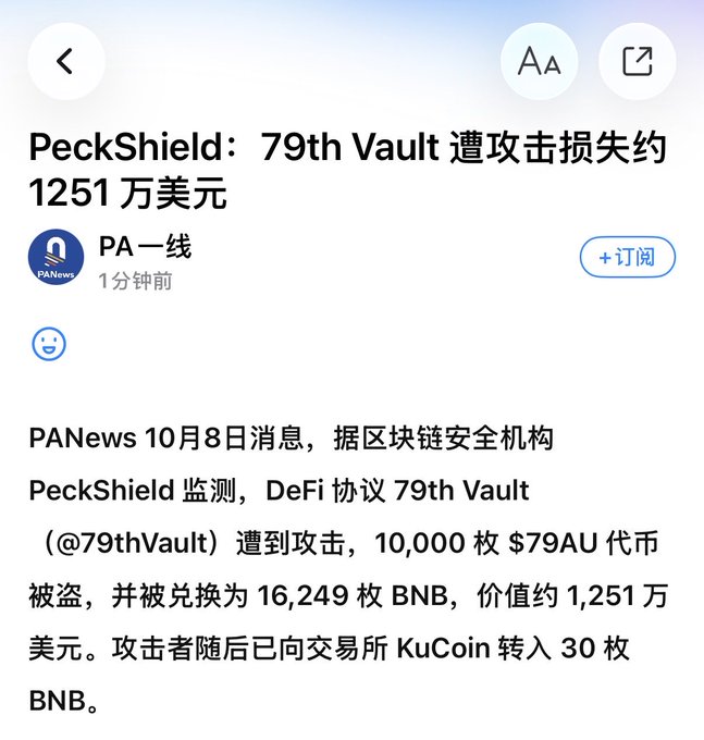 A Chinese-language PANews article headline reads 'PeckShield: 79th Vault遭攻击损失约1251万美元', reporting that the DeFi protocol 79th Vault (@79thVault) was attacked, with 10,000 $79AU tokens stolen and exchanged for 16,249 BNB worth approximately $12.51 million, with 30 BNB transferred to KuCoin exchange.
