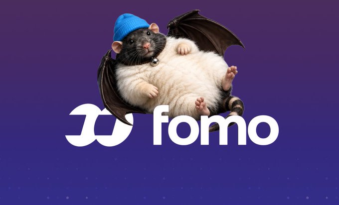 A fluffy possum wearing a blue beanie and bat wings hovers above the 'fomo' brand logo on a solid purple background.