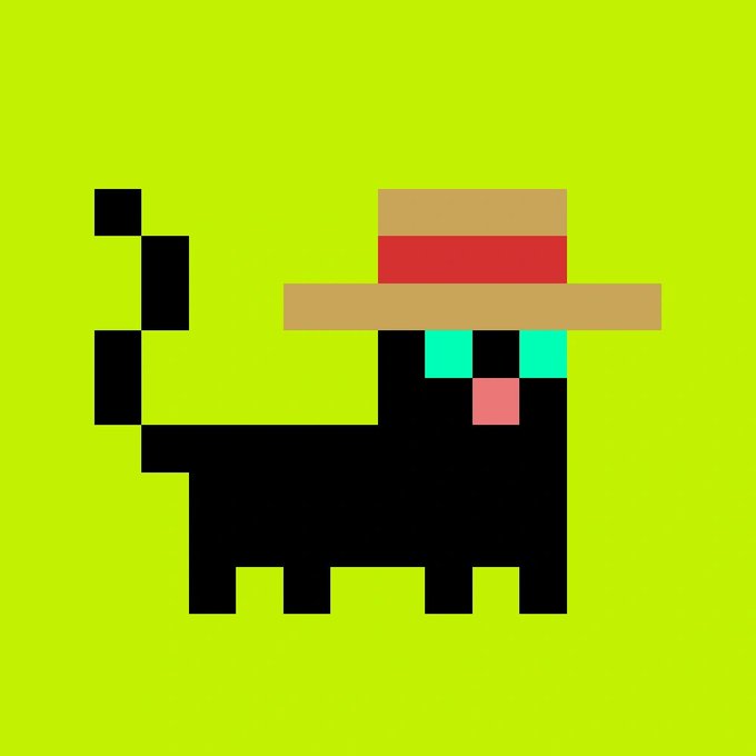 Pixel art illustration of a black cat wearing a tan sun hat with a red band, set against a lime green background.