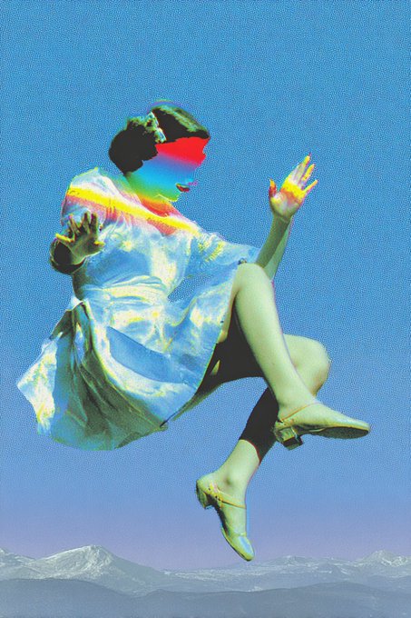 The image features a woman wearing a blue dress, standing out against a clear sky with mountains in the background. She appears to be flying or floating above the landscape, creating an interesting and surreal scene. The photo has been edited to include a rainbow-colored effect on her face, adding a whimsical touch to the overall composition.

The post "Good Morning" is located at the top right corner of the image, indicating that it was shared by someone who wanted to convey a positive and uplifting message in their social media feed. The combination of the woman's dress, the rainbow effect on her face, and the stunning mountain backdrop creates an intriguing and visually appealing scene that captures the viewer's attention.