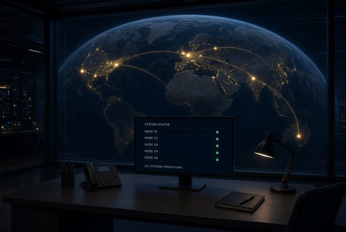 A digital illustration of a desk with a system status monitor, phone, and lamp, overlooking Earth from space at night with glowing network connections between cities.