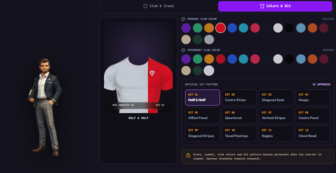 A user interface for customizing a football/soccer club kit, showing a 'BALF & BALF' jersey design with half red and half white panels, alongside primary and secondary club color selectors and various kit patterns.