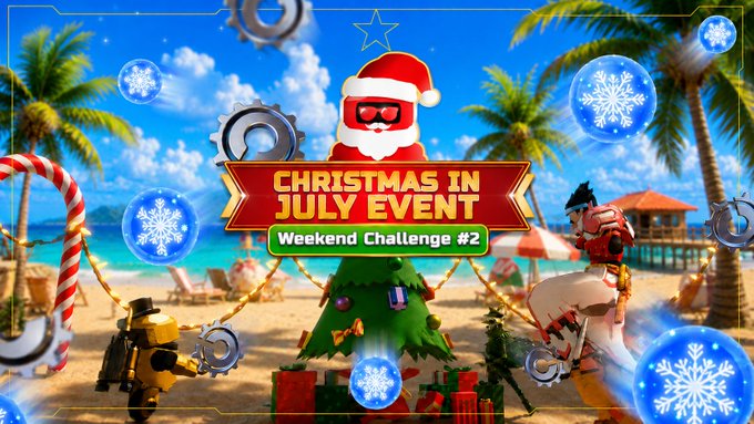 The image is a festive promotional graphic for a "Christmas in July Event: Weekend Challenge #2," featuring a beach setting with palm trees where a Santa-wearing character and a Christmas tree have inexplicably appeared, surrounded by floating snowflakes and candy canes. This whimsical scene connects to the post's message about a "temporal rift" disrupting time across Metaverse Workshops, playfully illustrating the bizarre Christmas-in-summer anomaly while advertising the 50% reduced crafting time weekend challenge.