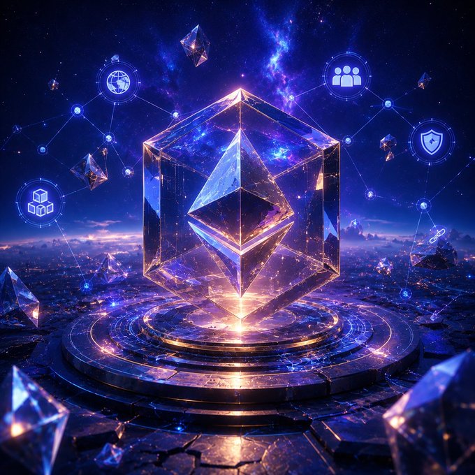 A glowing crystalline Ethereum logo floats above a futuristic platform, surrounded by floating icons representing networks, communities, and security—symbolizing the infrastructure and community-driven innovation highlighted in the post about Web3's evolution beyond hype.