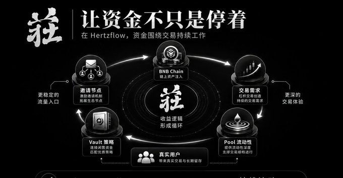 A dark-themed diagram in Chinese and English explaining a Hertzflow ecosystem cycle with components like BNB Chain, Vault strategy, Pool liquidity, and Real users in a circular flow.