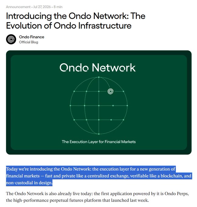 An announcement from Ondo Finance dated July 27, 2026, titled "Introducing the Ondo Network: The Evolution of Ondo Infrastructure," featuring a graphic labeled "Ondo Network: The Execution Layer for Financial Markets" and highlighting it as fast and private like a centralized exchange, verifiable like a blockchain, and non-custodial in design, with Ondo Perps noted as its first live application.