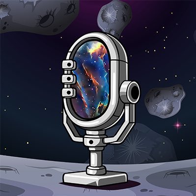 A cartoon illustration of an astronaut helmet on a stand, with the visor displaying a colorful cosmic/nebula scene against a starry space background with asteroids.